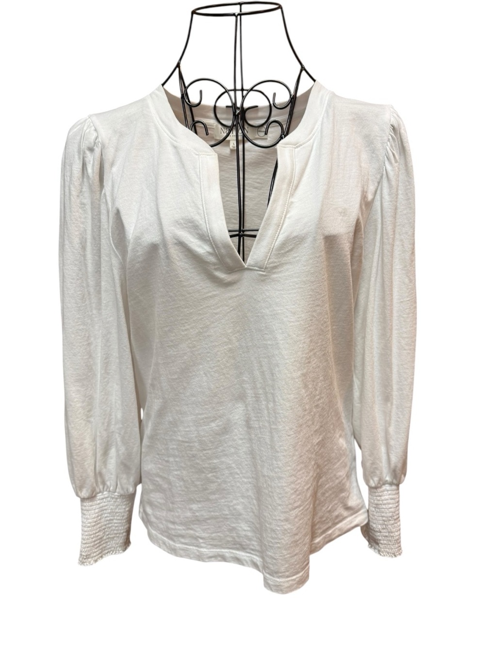 Nation Organic Cotton White V-Neck Long Sleeve Top with Smocked Cuffs